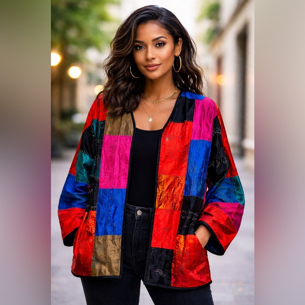 Vintage Chico's Design 100% Silk Patchwork Embroidered Jacket Size 3 colorful